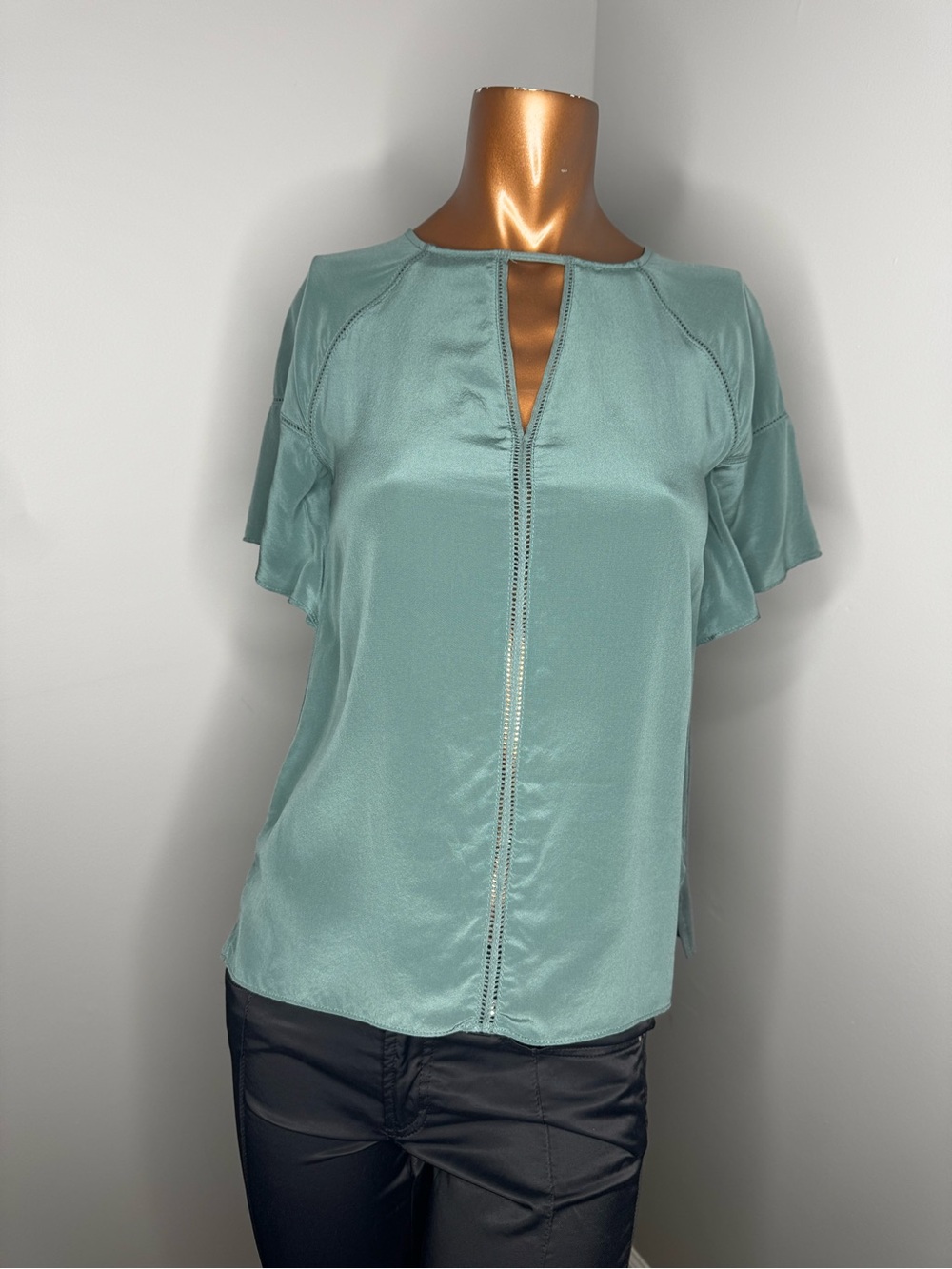 Bailey 44 Sage Green Keyhole Ruffle Sleeve Blouse